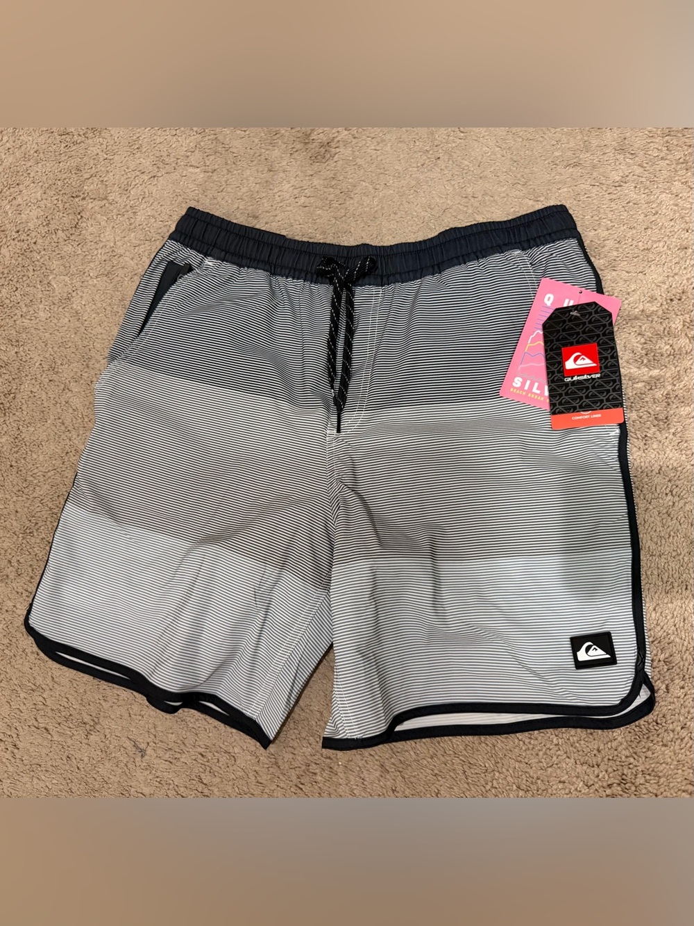 Quiksilver Men’s Black & White Volley Swim Micro-Stripe Boardshorts- MEDIUM